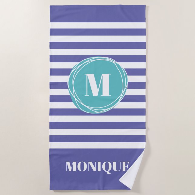 Trendy Very Peri Striped Monogram Custom   Beach Towel (Front)