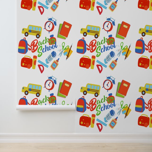 Trendy vibrant Back to School Pattern Peel stick Wallpaper (Application)