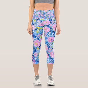 Trendy Vibrant Summer Resort Chic Floral Fashion Capri Leggings