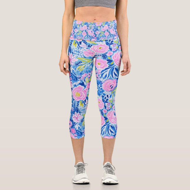 Trendy Vibrant Summer Resort Chic Floral Fashion Capri Leggings (Front)