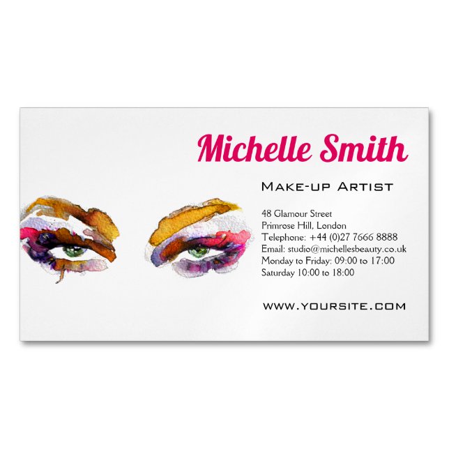 Trendy Vibrant Watercolor Eye Makeup Artist Magnetic Business Card (Front)