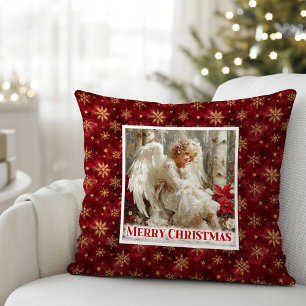 Trendy Victorian Angel Red Gold Accent Christmas Cushion