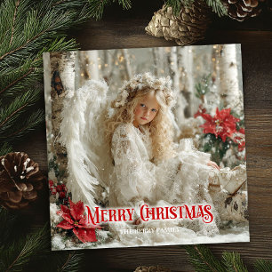 Trendy Victorian angel red poinsettias stylish Holiday Card