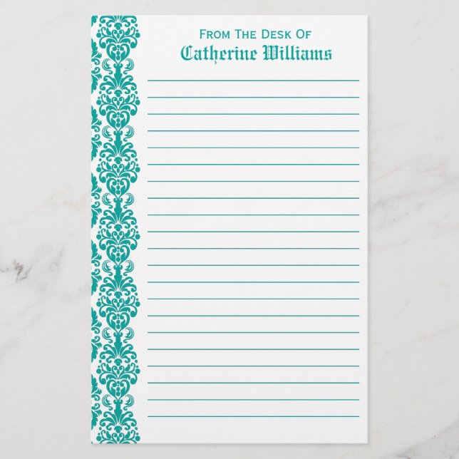 Trendy Victorian Blue Lace Damask Side Border Stationery (Front)