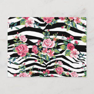 trendy vintage roses and zebra stripes pattern postcard