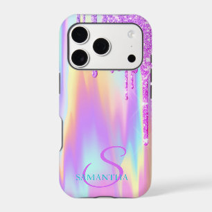 Trendy Violet Glitter Drips Ombre Holographic