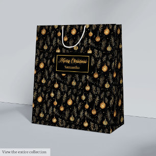 Trendy watercolor black and gold Christmas baubles Medium Gift Bag