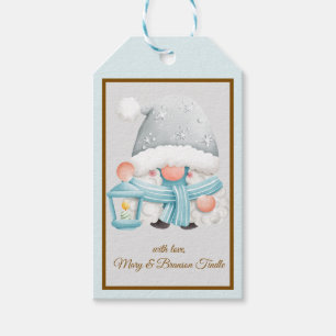 Trendy Watercolor Blue and Silver Christmas Gnome Gift Tags