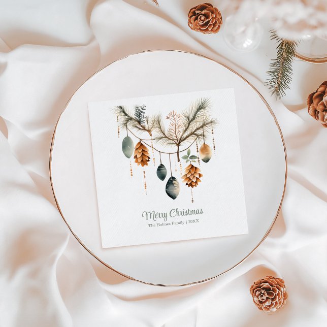Trendy Watercolor Boho Christmas Ornaments Napkin (Trendy Watercolor Boho Christmas Ornaments Napkins on a white Christmas table.)