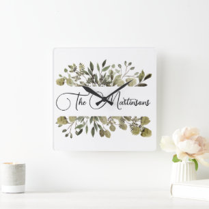 Trendy Watercolor Botanical Family Name Square Wall Clock