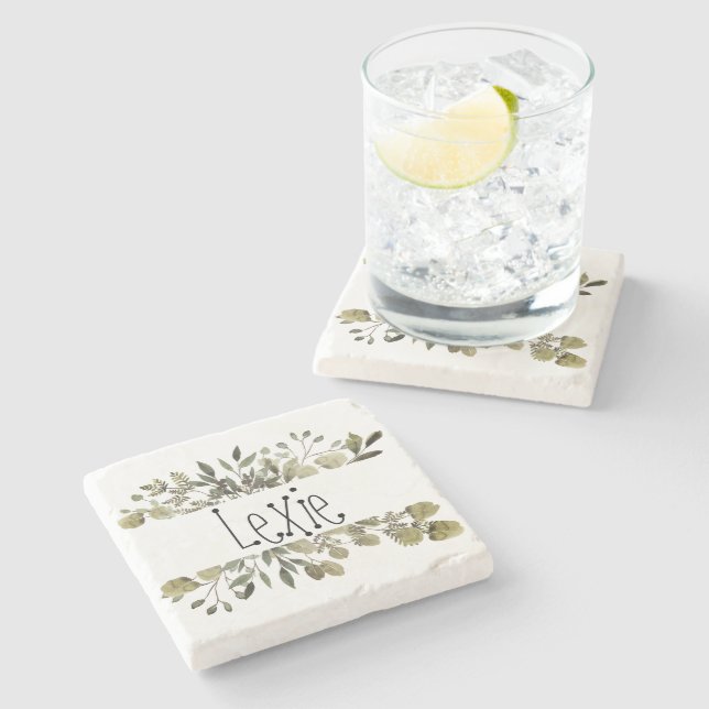 Trendy Watercolor Botanical Stone Coaster (Side)