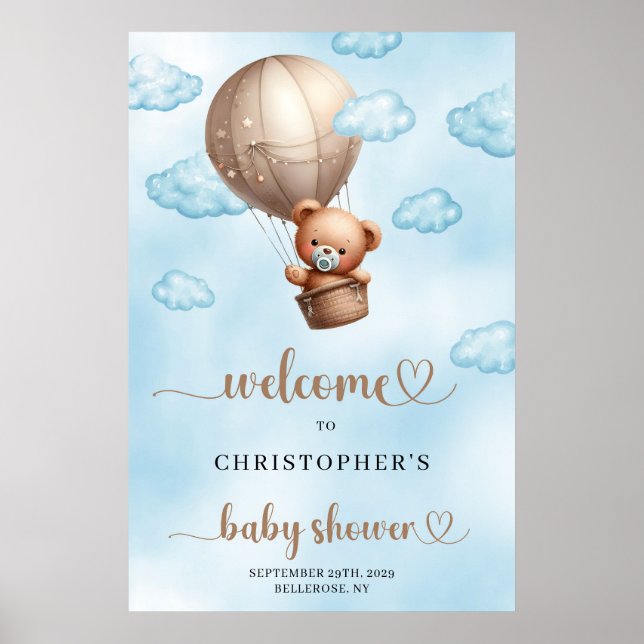 Trendy watercolor brown teddy bear hot air balloon poster (Front)