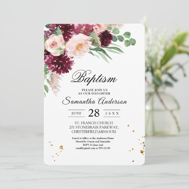 Trendy Watercolor Burgundy Blush Pink Floral  Invitation (Standing Front)