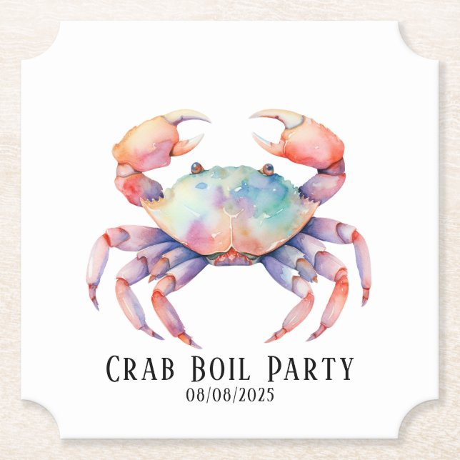 Trendy Watercolor Crab Boil Party / Company Paper Coaster (Front)
