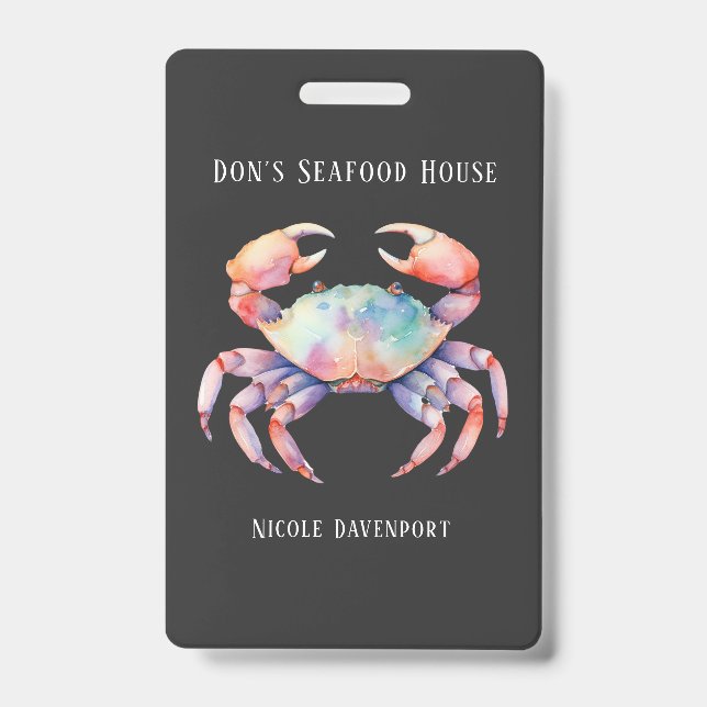 Trendy Watercolor Crab Company/Restaurant Custom ID Badge (Front)