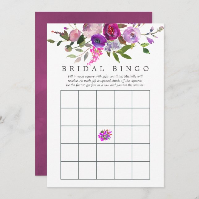 Trendy Watercolor Floral Bridal Shower Bingo Invitation (Front/Back)