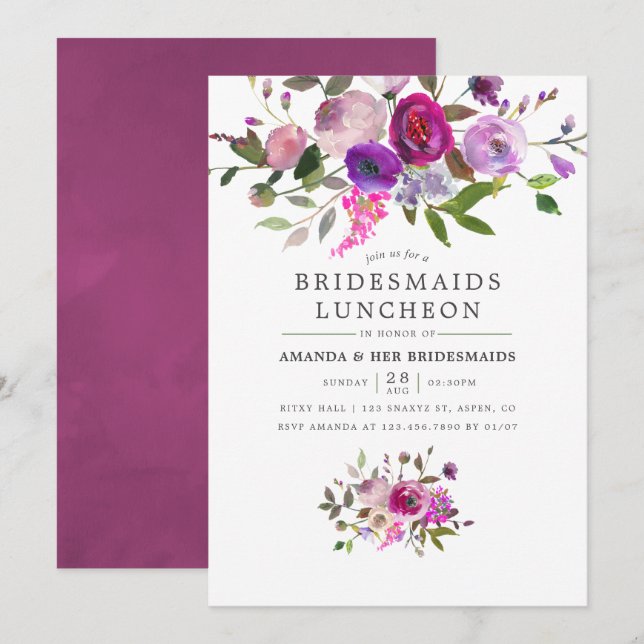Trendy Watercolor Floral Bridesmaids Luncheon Invitation (Front/Back)