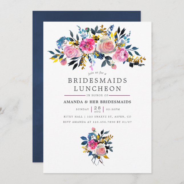 Trendy Watercolor Floral Bridesmaids Luncheon Invitation (Front/Back)