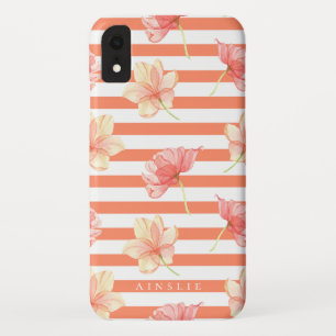 Trendy Watercolor Floral Coral Stripe Pattern Case-Mate iPhone Case