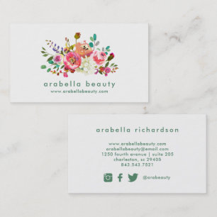 Trendy Watercolor Floral   Social Media Icons Business Card