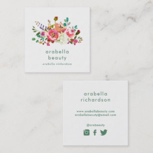 Trendy Watercolor Floral   Social Media Icons Square Business Card