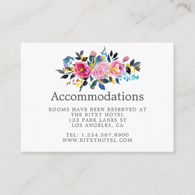 Trendy Watercolor Floral Wedding Accommodations Enclosure Card (Front)