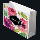 Trendy Watercolor Floral with Name Large Gift Bag<br><div class="desc">Vibrant shades of pink, purple and green in this custom watercolor floral gift bag. A decorative black monogram frame is used to contrast with the bright blossoms and add a touch of sophistication. Insert the name of your gift recipient in place of the sample name shown in the design template...</div>