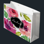 Trendy Watercolor Floral with Name Large Gift Bag<br><div class="desc">Vibrant shades of pink, purple and green in this custom watercolor floral gift bag. A decorative black monogram frame is used to contrast with the bright blossoms and add a touch of sophistication. Insert the name of your gift recipient in place of the sample name shown in the design template...</div>