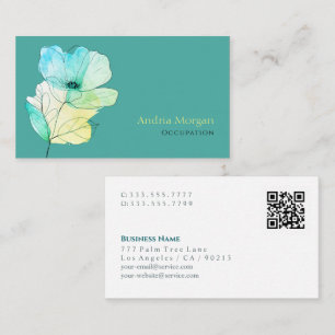 Trendy Watercolor Flower, Name, QR Code, Teal Business Card