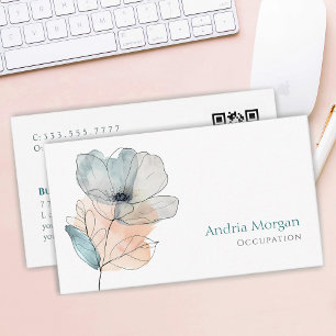 Trendy Watercolor Flower, Name & QR Code, White Business Card