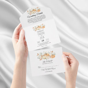 Trendy Watercolor Flowers & Pumpkins Autumn  All In One Invitation