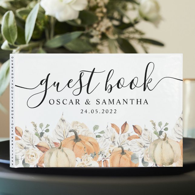 Trendy Watercolor Flowers & Pumpkins Autumn  Guest Book (Creator Uploaded)