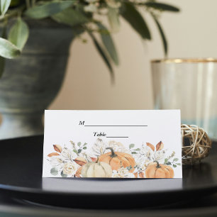 Trendy Watercolor Flowers & Pumpkins Autumn  Place Card
