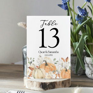 Trendy Watercolor Flowers & Pumpkins Autumn  Table Number