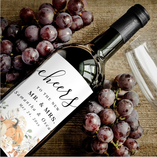 Trendy Watercolor Flowers & Pumpkins Autumn  Wine Label (Creator Uploaded)