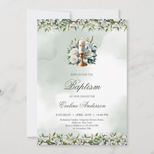 Trendy watercolor gold candle white lilies Baptism Invitation (Front)