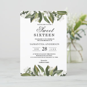 Trendy Watercolor Green Leaves & White Flower Invitation
