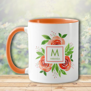 Trendy Watercolor Living Coral Roses Monogram Mug