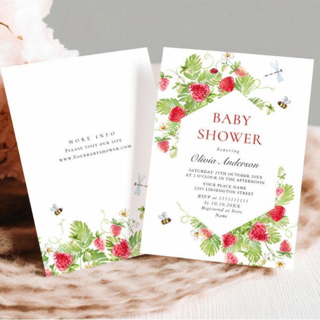 Trendy Watercolor Meadow Strawberry Baby Shower Invitation (Creator Uploaded)