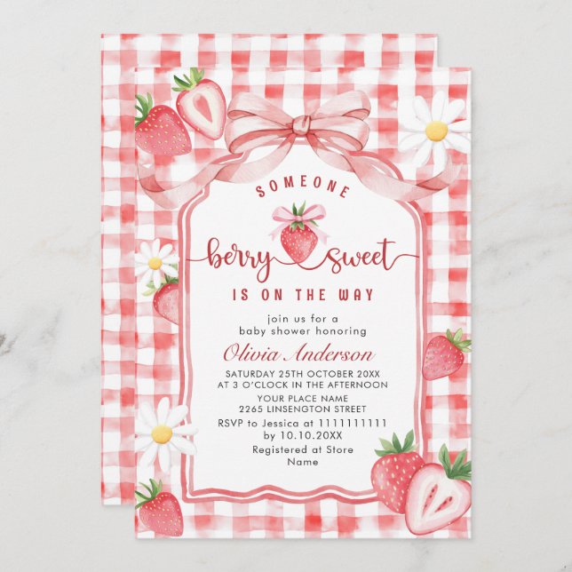 Trendy Watercolor Meadow Strawberry Baby Shower Invitation (Front/Back)