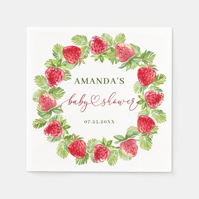 Trendy Watercolor Meadow Strawberry Baby Shower Napkin (Front)