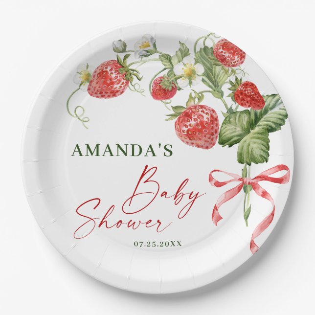 Trendy Watercolor Meadow Strawberry Baby Shower Paper Plate (Front)
