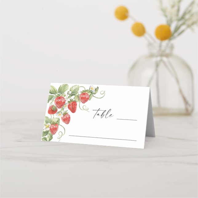 Trendy Watercolor Meadow Strawberry Baby Shower Place Card (Front)
