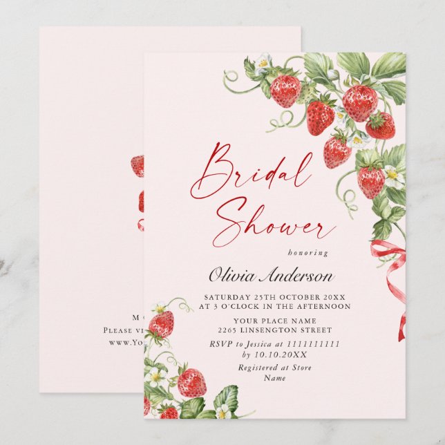 Trendy Watercolor Meadow Strawberry Bridal Shower Invitation (Front/Back)