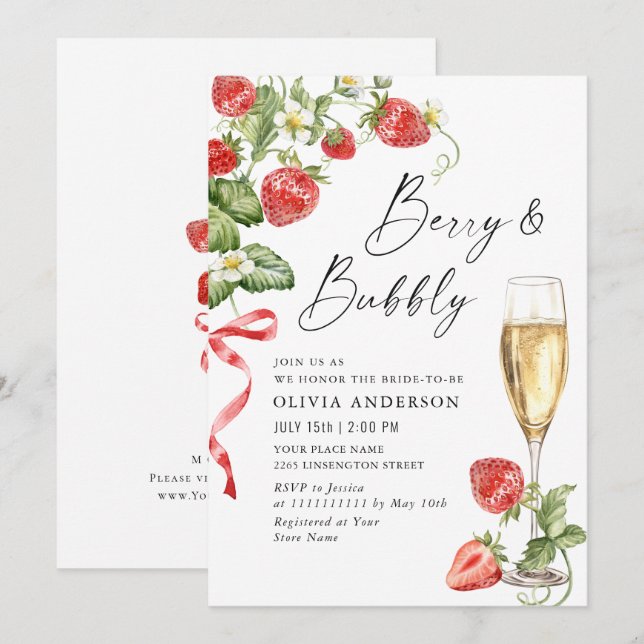 Trendy Watercolor Meadow Strawberry Bridal Shower Invitation (Front/Back)