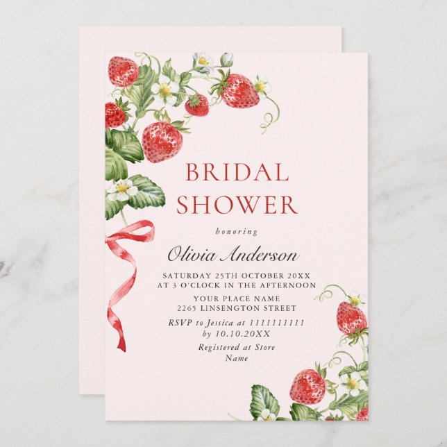Trendy Watercolor Meadow Strawberry Bridal Shower Invitation (Front/Back)