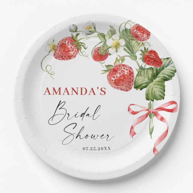 Trendy Watercolor Meadow Strawberry Bridal Shower Paper Plate (Front)