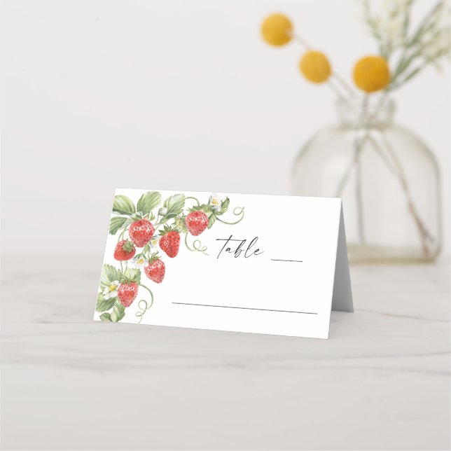 Trendy Watercolor Meadow Strawberry Bridal Shower Place Card (Front)