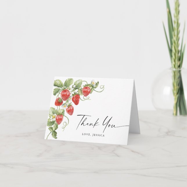 Trendy Watercolor Meadow Strawberry Thank You Card (Front)