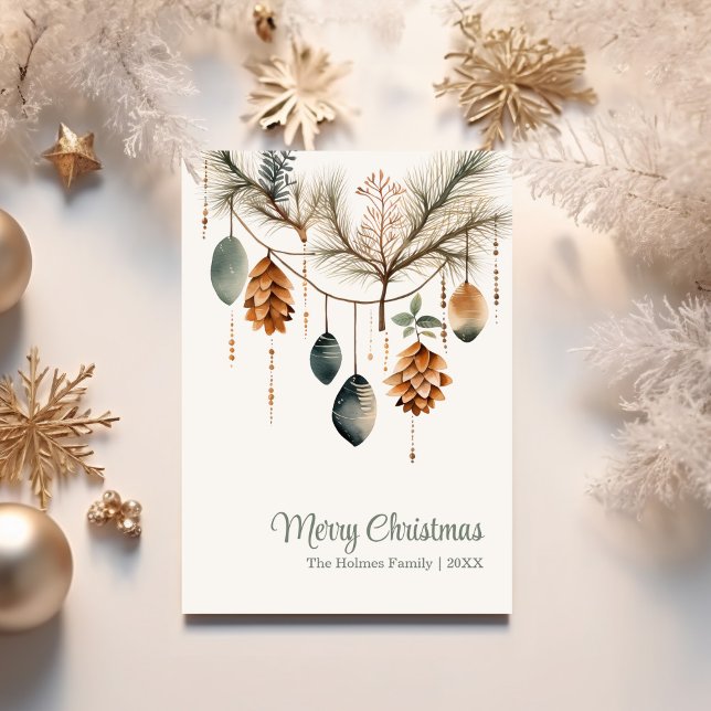 Trendy Watercolor Non Photo Christmas Holiday Card (Trendy Watercolor Non Photo Christmas Holiday Card surrounded with golden Christmas ornaments.)